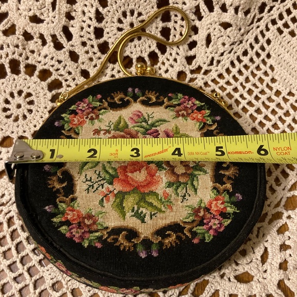Vintage Circular Clutch Black Bag With Stitched Florals, Gold Accents - Picture 16 of 17